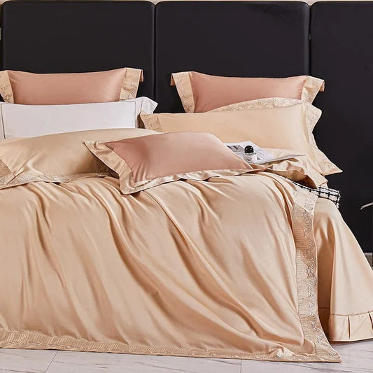 Egyptian Cotton Duvet Cover Set | 78.7 - 90.6 in | Peach Lace Trim | Soft Luxury Bedding for King & Queen Beds | Brick by Brick