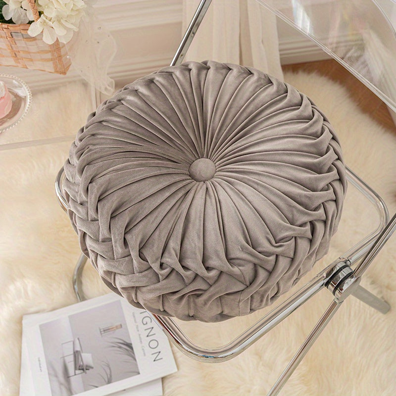 Round Velvet Cushion | 13.7 x 4.7 in | Pleated Velvet Design with Center Button | Decorative Modern Accent | Brick by Brick