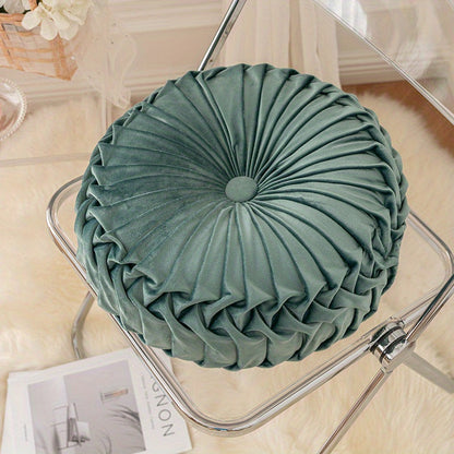 Round Velvet Cushion | 13.7 x 4.7 in | Pleated Velvet Design with Center Button | Decorative Modern Accent | Brick by Brick