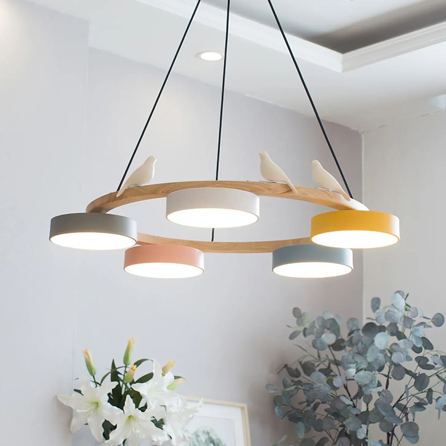 Morandi Style Chandelier | 25.6/28.3 x 5.5 in | Metal, Wood, Resin, Acrylic | Adjustable Pendant | Brick by Brick