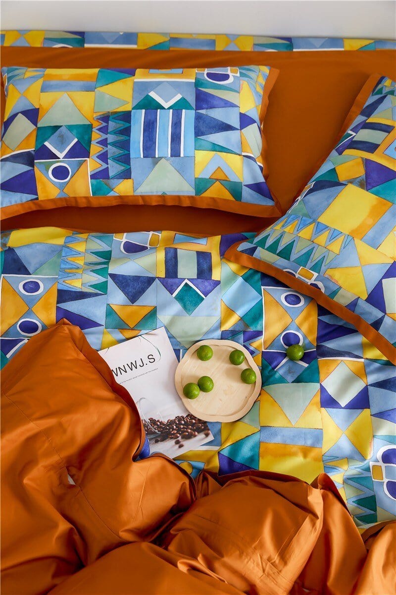 Modern Geometric Bedding Set | 78.7 - 90.6 in | Egyptian Cotton Duvet Cover | Warm Turmeric and Cool-Tone Design | Brick by Brick
