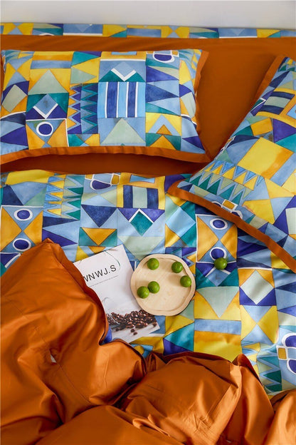 Modern Geometric Bedding Set | 78.7 - 90.6 in | Egyptian Cotton Duvet Cover | Warm Turmeric and Cool-Tone Design | Brick by Brick