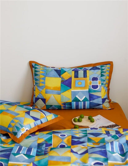 Modern Geometric Bedding Set | 78.7 - 90.6 in | Egyptian Cotton Duvet Cover | Warm Turmeric and Cool-Tone Design | Brick by Brick