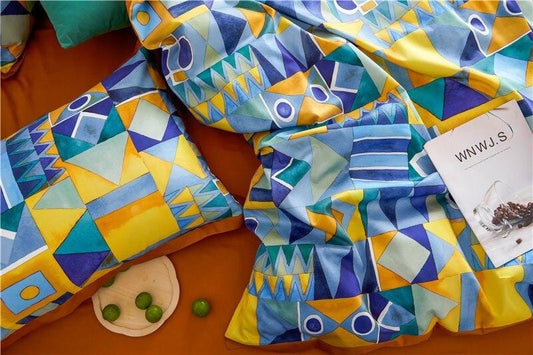 Modern Geometric Bedding Set | 78.7 - 90.6 in | Egyptian Cotton Duvet Cover | Warm Turmeric and Cool-Tone Design | Brick by Brick