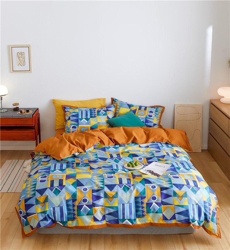 Modern Geometric Bedding Set | 78.7 - 90.6 in | Egyptian Cotton Duvet Cover | Warm Turmeric and Cool-Tone Design | Brick by Brick