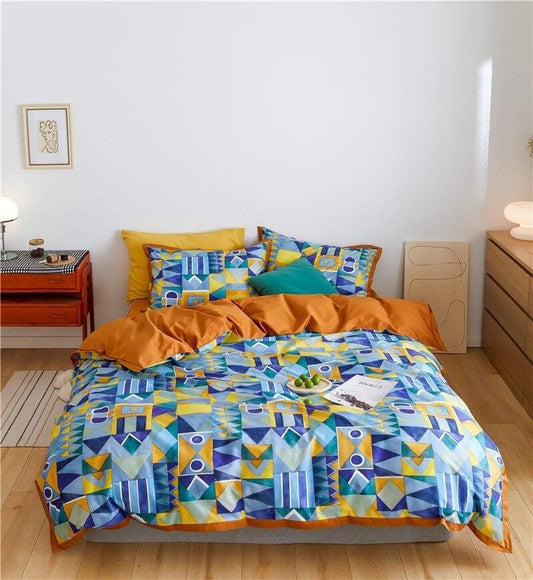 Modern Geometric Bedding Set | 78.7 - 90.6 in | Egyptian Cotton Duvet Cover | Warm Turmeric and Cool-Tone Design | Brick by Brick