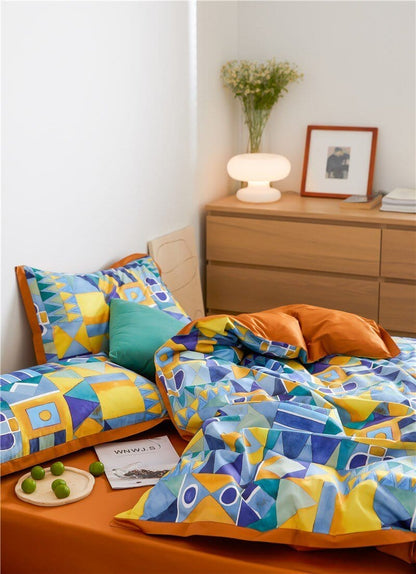 Modern Geometric Bedding Set | 78.7 - 90.6 in | Egyptian Cotton Duvet Cover | Warm Turmeric and Cool-Tone Design | Brick by Brick