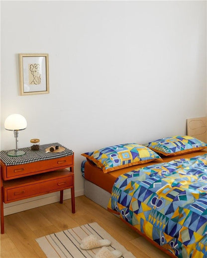 Modern Geometric Bedding Set | 78.7 - 90.6 in | Egyptian Cotton Duvet Cover | Warm Turmeric and Cool-Tone Design | Brick by Brick