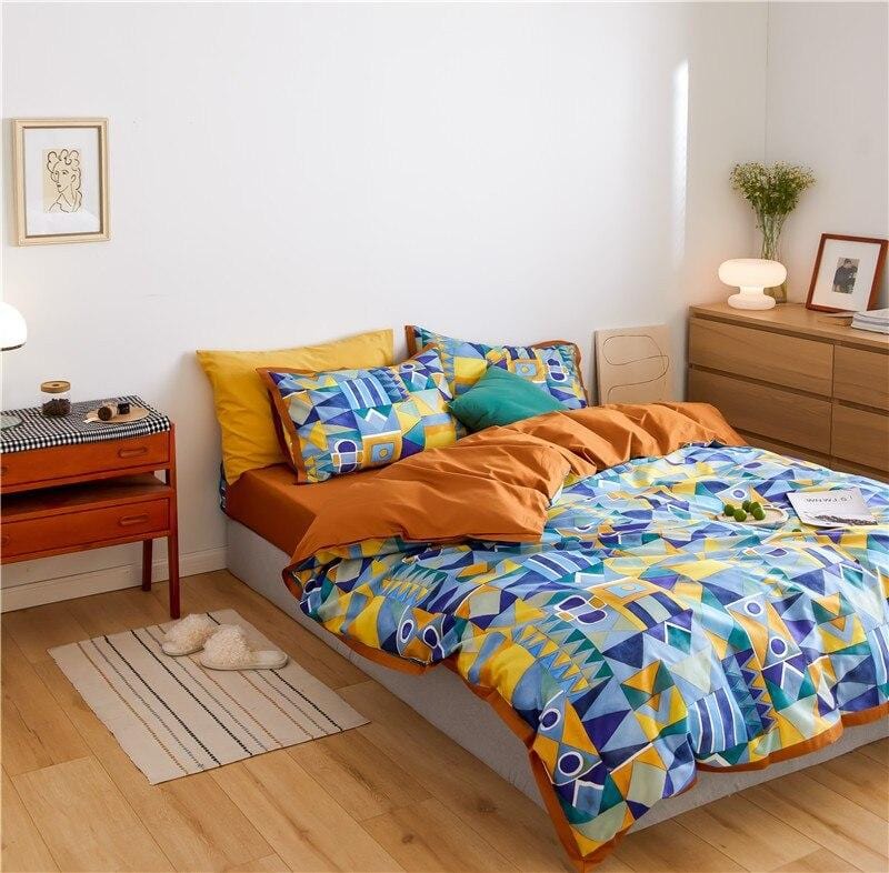 Modern Geometric Bedding Set | 78.7 - 90.6 in | Egyptian Cotton Duvet Cover | Warm Turmeric and Cool-Tone Design | Brick by Brick