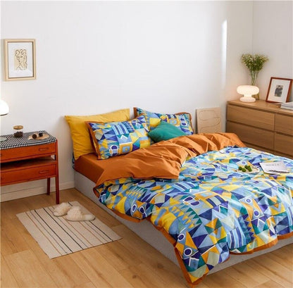 Modern Geometric Bedding Set | 78.7 - 90.6 in | Egyptian Cotton Duvet Cover | Warm Turmeric and Cool-Tone Design | Brick by Brick