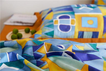 Modern Geometric Bedding Set | 78.7 - 90.6 in | Egyptian Cotton Duvet Cover | Warm Turmeric and Cool-Tone Design | Brick by Brick