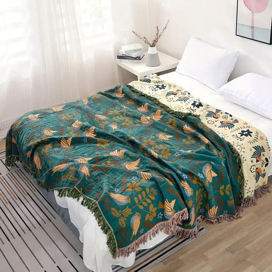 Reversible Throw Blanket | Scandinavian Bird Motif | Teal & Cream | Fringed Decorative Sofa & Bed Cover | Brick by Brick