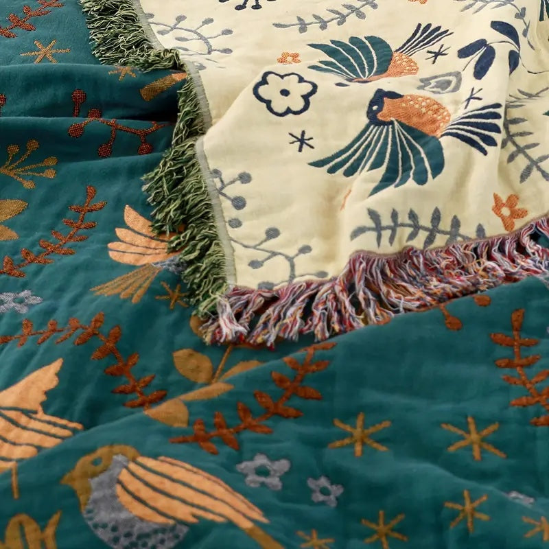Reversible Throw Blanket | Scandinavian Bird Motif | Teal & Cream | Fringed Decorative Sofa & Bed Cover | Brick by Brick
