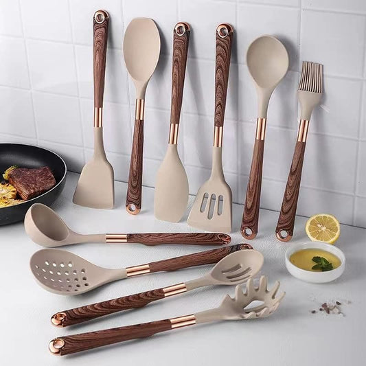 Silicone Cooking Utensil Set | 10 Pieces with Gold & Wood Design | Nonstick Safe Tools | Brick by Brick