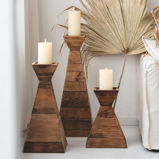 Wooden Candle Holder | H16, 24, 32 in | Nut Brown Pyramid Table Centerpiece | Brick by Brick