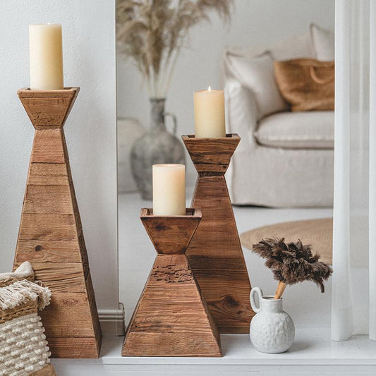 Wooden Candle Holder | H16, 24, 32 in | Nut Brown Pyramid Table Centerpiece | Brick by Brick