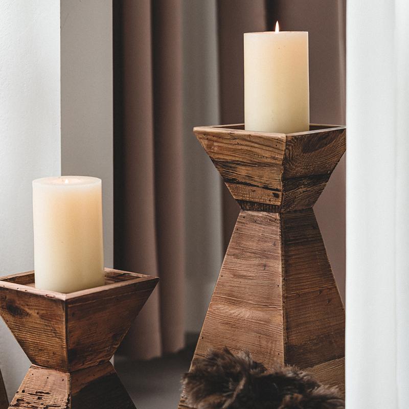 Wooden Candle Holder | H16, 24, 32 in | Nut Brown Pyramid Table Centerpiece | Brick by Brick