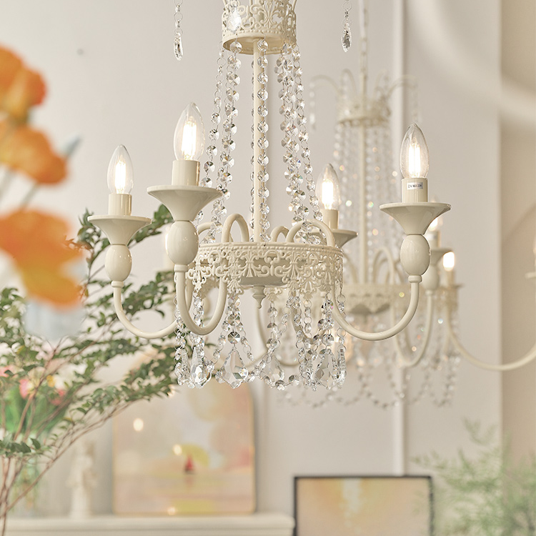 Vintage White Metal & Glass Chandelier | Crystal Tassel Ceiling Light, 4/6/8 Lamp | Brick by Brick