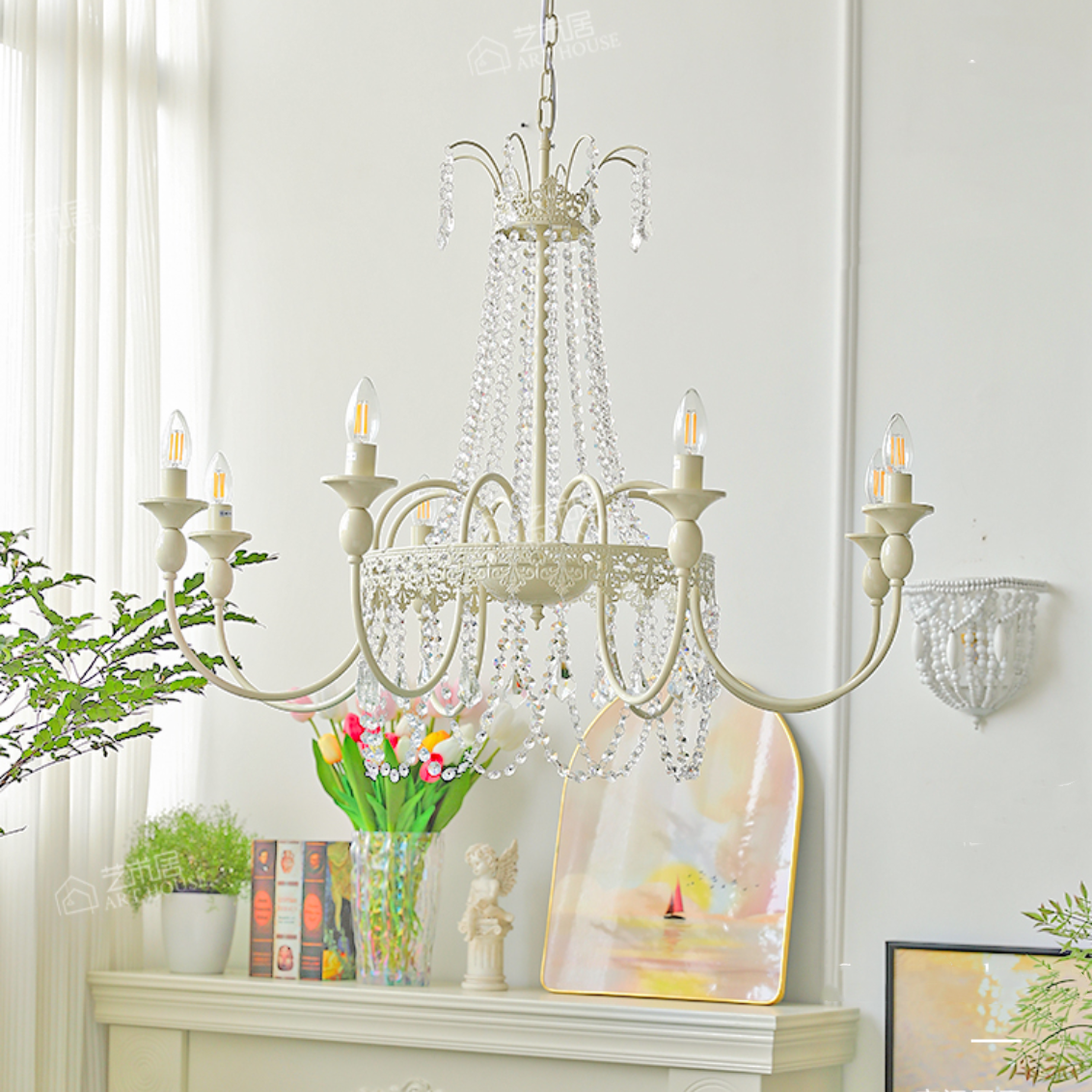 Vintage White Metal & Glass Chandelier | Crystal Tassel Ceiling Light, 4/6/8 Lamp | Brick by Brick
