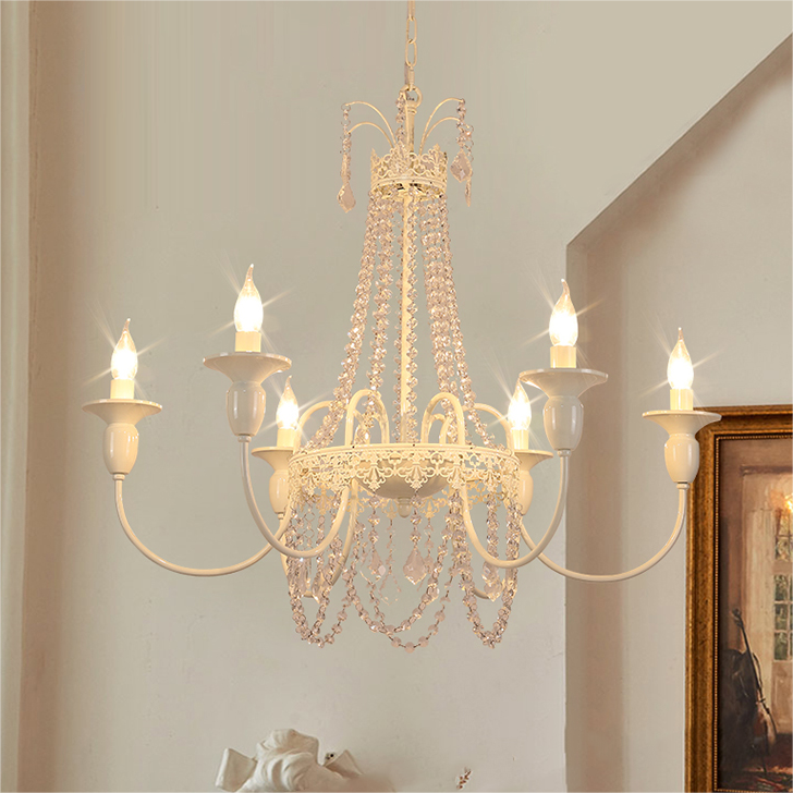 Vintage White Metal & Glass Chandelier | Crystal Tassel Ceiling Light, 4/6/8 Lamp | Brick by Brick