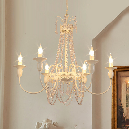 Vintage White Metal & Glass Chandelier | Crystal Tassel Ceiling Light, 4/6/8 Lamp | Brick by Brick