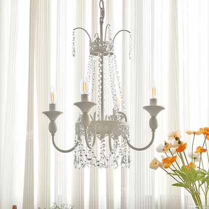 Vintage White Metal & Glass Chandelier | Crystal Tassel Ceiling Light, 4/6/8 Lamp | Brick by Brick