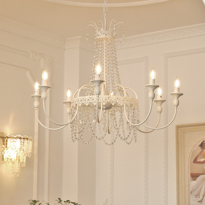 Vintage White Metal & Glass Chandelier | Crystal Tassel Ceiling Light, 4/6/8 Lamp | Brick by Brick