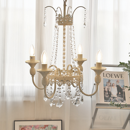 Vintage White Metal & Glass Chandelier | Crystal Tassel Ceiling Light, 4/6/8 Lamp | Brick by Brick