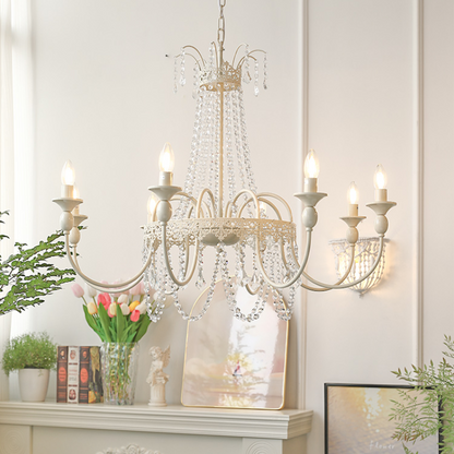 Vintage White Metal & Glass Chandelier | Crystal Tassel Ceiling Light, 4/6/8 Lamp | Brick by Brick