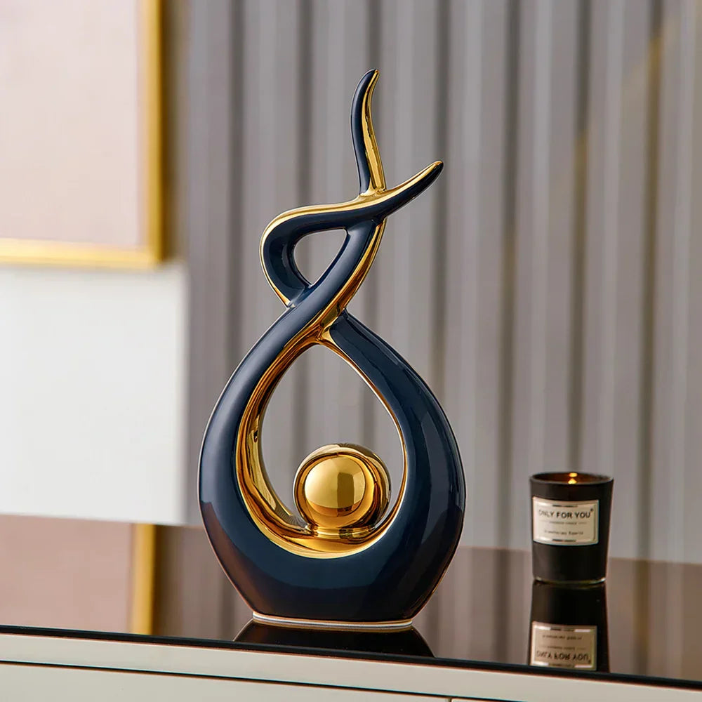 Abstract Ceramic Sculpture | Modern Decor with Gold Accents | Shelf or Desk Ornament