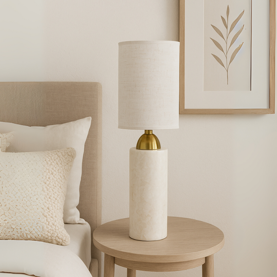 Celestia Marble Table Lamp | 3.9 × 18.5 in | Cylindrical Stone Base | Linen Shade | Brick by Brick