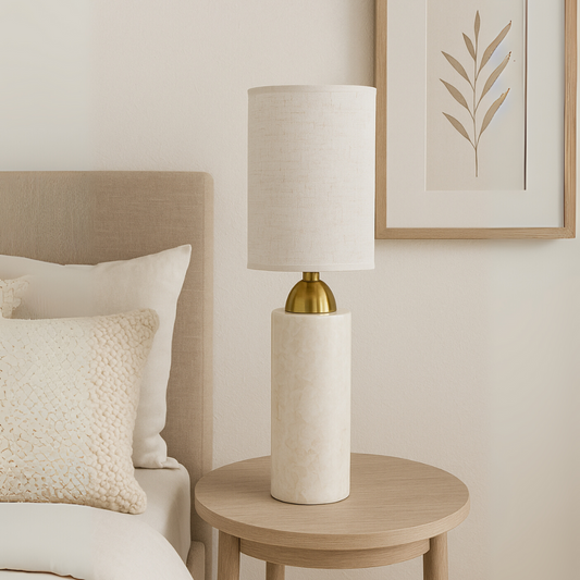 Celestia Marble Table Lamp | 3.9 × 18.5 in | Cylindrical Stone Base | Linen Shade | Brick by Brick