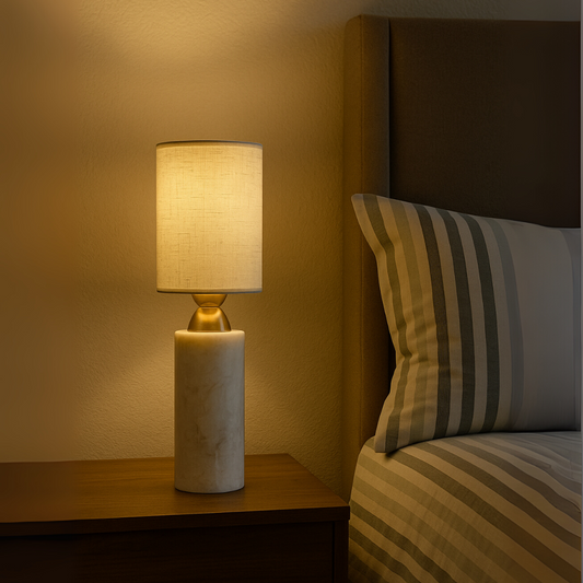 Celestia Marble Table Lamp | 3.9 × 18.5 in | Cylindrical Stone Base | Linen Shade | Brick by Brick