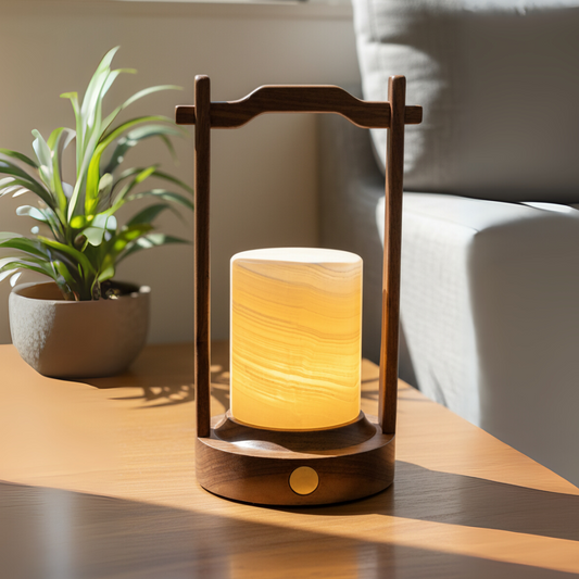 Marble Lantern Lamp | Solid Marble Cylinder | Wooden Frame | Warm Ambient Lighting | Brick by Brick