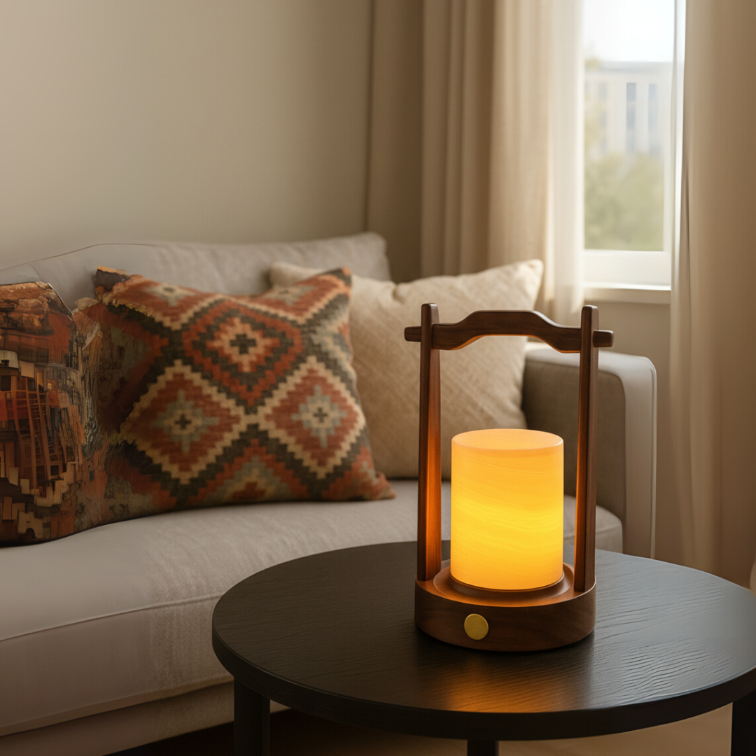 Marble Lantern Lamp | Solid Marble Cylinder | Wooden Frame | Warm Ambient Lighting | Brick by Brick