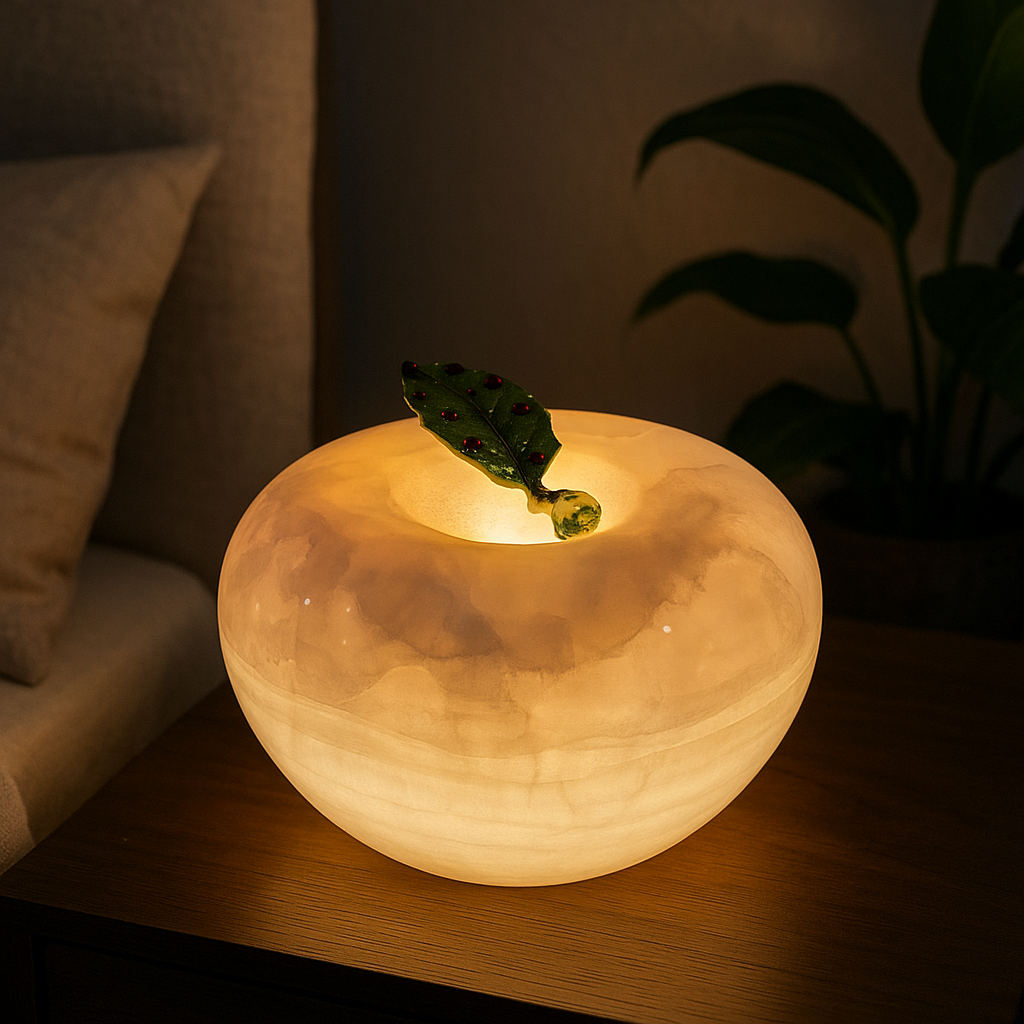 Marble Apple Lamp | 4.3 × 4.3 × 3.1 in | Solid Stone | Enamel Leaf Accent | Brick by Brick