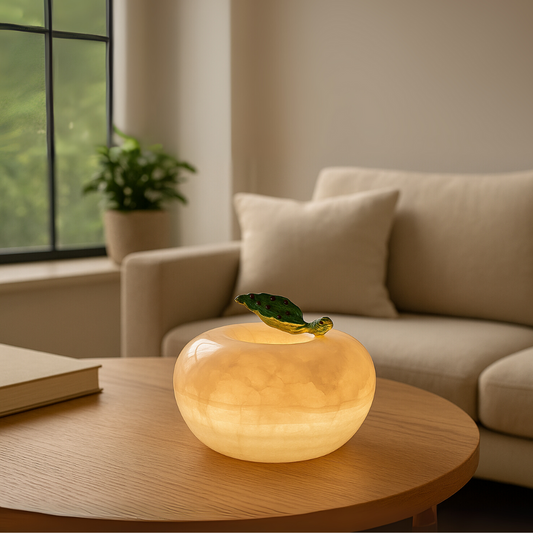 Marble Apple Lamp | 4.3 × 4.3 × 3.1 in | Solid Stone | Enamel Leaf Accent | Brick by Brick