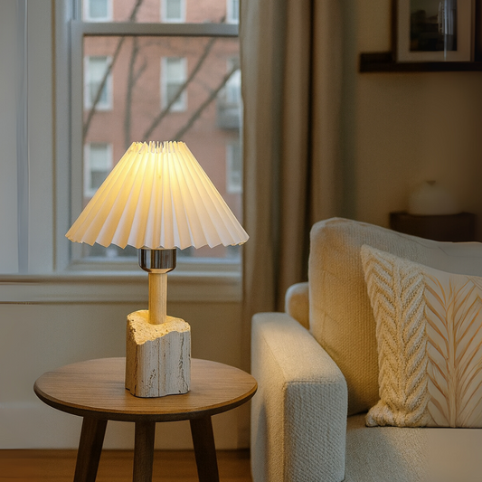 Travertine Table Lamp |  9.4 × 14.6 inches | Solid Stone Base | Pleated Shade | Warm Ambient Lighting | Brick by Brick