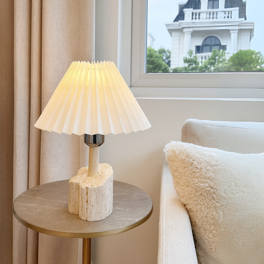 Travertine Table Lamp |  9.4 × 14.6 inches | Solid Stone Base | Pleated Shade | Warm Ambient Lighting | Brick by Brick