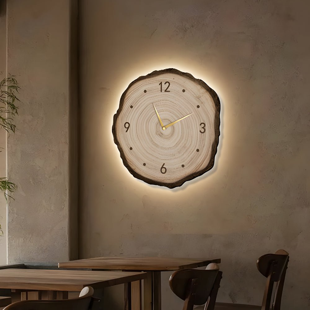 Wood Slice Wall Clock | LED Light | Remote Control | Natural Round Design | Warm Light
