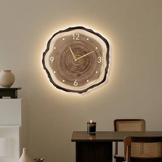Wood Slice Wall Clock | LED Light | Remote Control | Natural Round Design | Warm Light