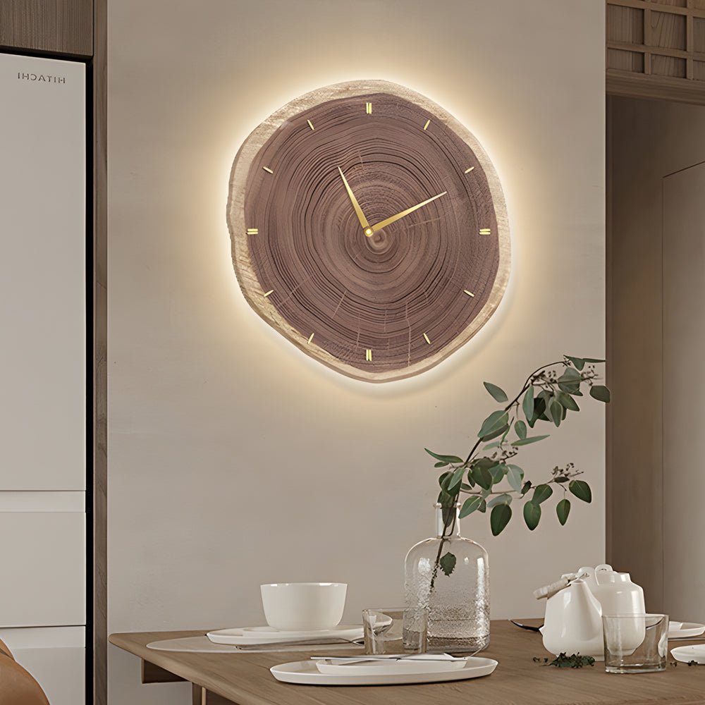Wood Slice Wall Clock | LED Light | Remote Control | Natural Round Design | Warm Light