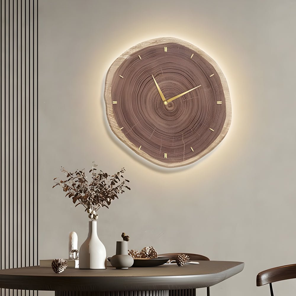 Wood Slice Wall Clock | LED Light | Remote Control | Natural Round Design | Warm Light