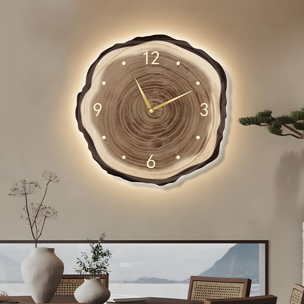 Wood Slice Wall Clock | LED Light | Remote Control | Natural Round Design | Warm Light