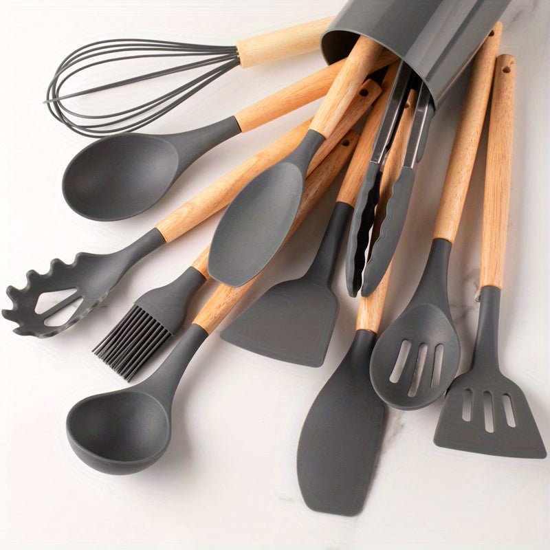 12-Piece Silicone Kitchen Utensil Set | Khaki Wooden Handles | Non-Stick Cooking Tools | Eco-Friendly | Brick by Brick