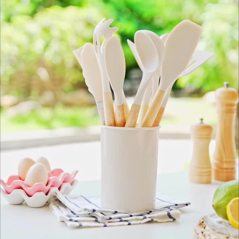 12-Piece Silicone Kitchen Utensil Set | Khaki Wooden Handles | Non-Stick Cooking Tools | Eco-Friendly | Brick by Brick