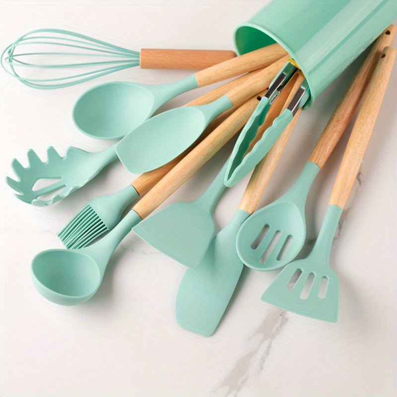 12-Piece Silicone Kitchen Utensil Set | Khaki Wooden Handles | Non-Stick Cooking Tools | Eco-Friendly | Brick by Brick