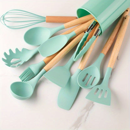 12-Piece Silicone Kitchen Utensil Set | Khaki Wooden Handles | Non-Stick Cooking Tools | Eco-Friendly | Brick by Brick