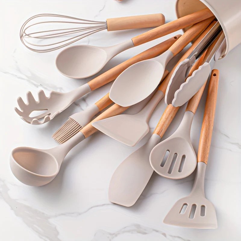 12-Piece Silicone Kitchen Utensil Set | Khaki Wooden Handles | Non-Stick Cooking Tools | Eco-Friendly | Brick by Brick