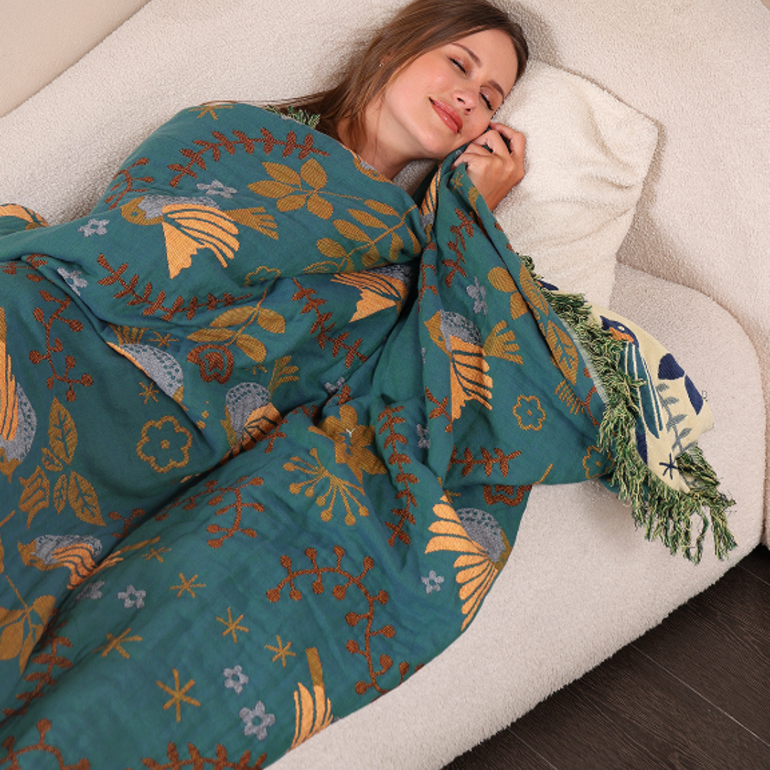 Reversible Throw Blanket | Scandinavian Bird Motif | Teal & Cream | Fringed Decorative Sofa & Bed Cover | Brick by Brick